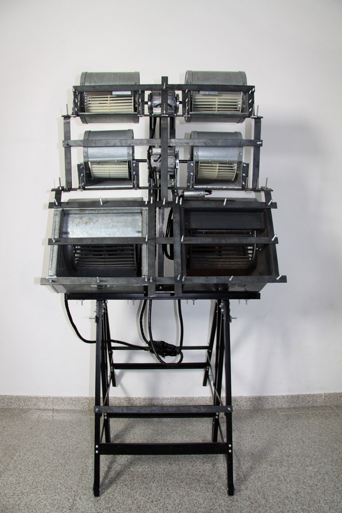 Alberto Tadiello, 1320 RPM, industrial fans, motors, metal brackets, trestles, 90 x 90 x 170 cm, 2009