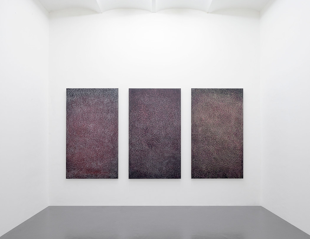 Alberto Tadiello, Pale (Blades), wax, glues, spray, soap, cosmetic products on sandpaper mounted on mdf panels, 178 x 103 x 4 cm each, 2014